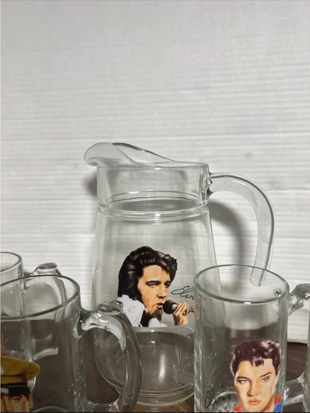 Elvis Presley Collector Glass Pitcher and Mug Set - Clear with Printed Portraits